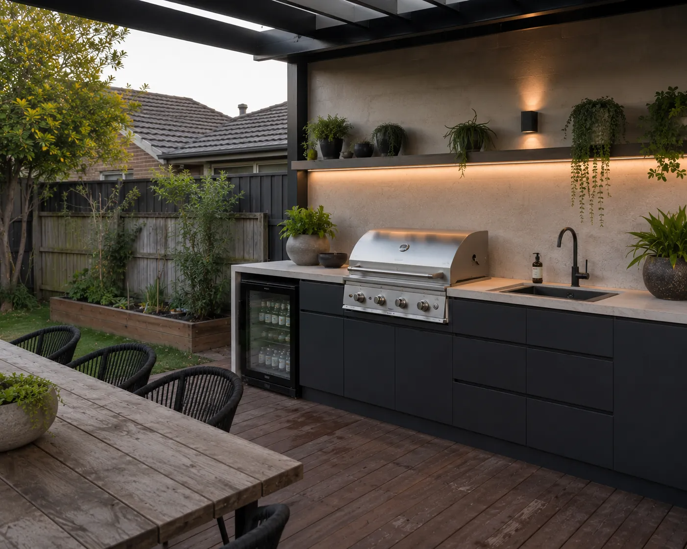 Built-in outdoor kitchen with barbecue, sink and bar fridge under a pergola